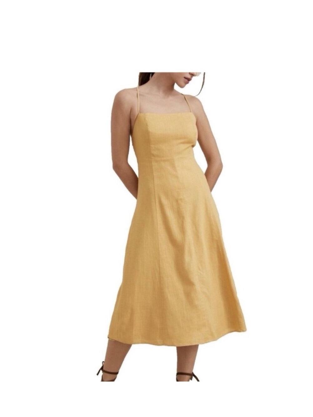 Anthropologie Square-Neck Midi Dress in Mustard Yellow